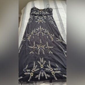 Adrianna Papell Black Beaded Floral Maxi Dress